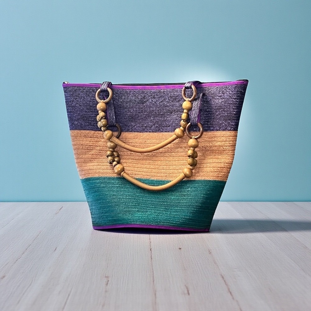 Large Boho Woven Straw Tote Bag Zip Top Wood Bead Handles‎ Beach Travel Shopping